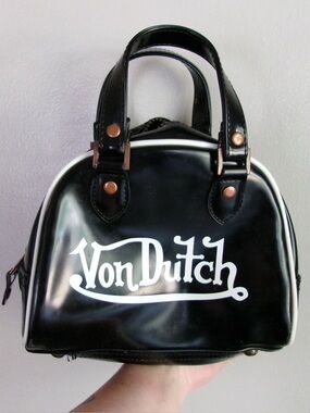Von Dutch Black Patent Mini bowler Bag